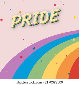 LGBTQ Pride Month. Vintage Text Pride Label On A Rainbow With Colorful Hearth And Pink Background. Banner Love Is Love. Human Rights Or Diversity Concept. Template LGBT Event Banner Design.