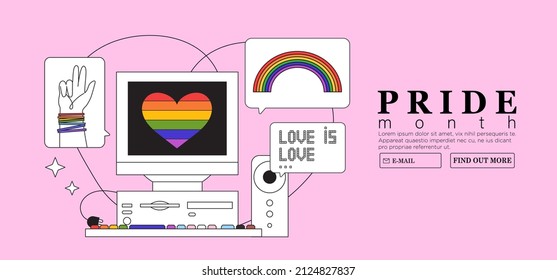 Lgbtq pride month or week holiday social media announcement on computer screen. Lgbtq rights event or festival celebration creative banner, poster, social media advertisement or web landing page.