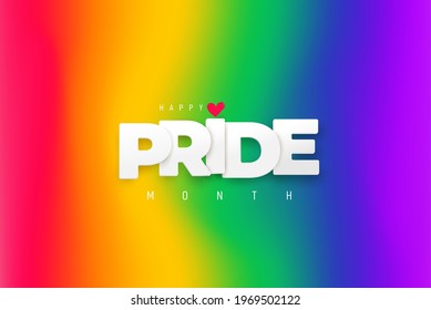 LGBTQ Pride Month. White paper text Pride label on blurred rainbow background. Banner Love is love. Human rights or diversity concept. Template LGBT event banner design.