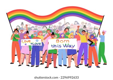 LGBTQ Pride parade people marching on street. Happy characters holding rainbow flags and placards with quote Born this way, Love is love. Pride month. Vector illustration