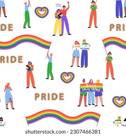 LGBTQ Pride parade people marching seamless pattern. Happy characters holding rainbow flags and placards with quote Born this way, Love is love. Vector illustration