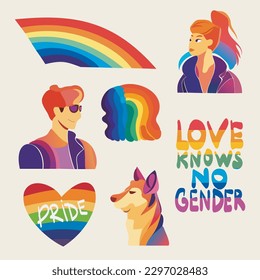 Juego de Desfile del Orgullo LGBTQ. Imagen vectorial de un desfile del orgullo gay. Un grupo de personas participando en el desfile del Orgullo Gay. comunidad LGBT