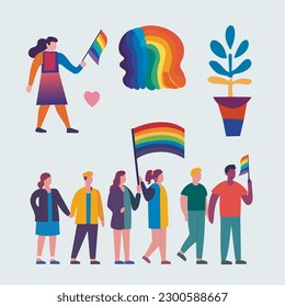 Juego de Desfile del Orgullo LGBTQ. Imagen vectorial de un desfile del orgullo gay. Un grupo de personas participando en el desfile del Orgullo Gay. comunidad LGBT