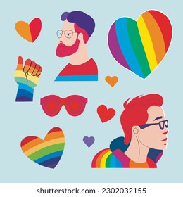 LGBTQ Pride Parade Set. Vector illustration of a gay pride parade. A group of people participating in the Pride parade. LGBT community