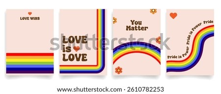 LGBTQ Pride Posters with Rainbow Designs and Quotes.Set of minimalist LGBTQ templates with rainbow stripes and messages , perfect for Pride Month, awareness campaigns, social media.Vector illustration