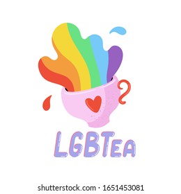 LGBTQ pride print with cute cup and rainbow. Colorful design elements and lettering. Vector hand drawn illustration. Pride Month poster, banner, logo design.