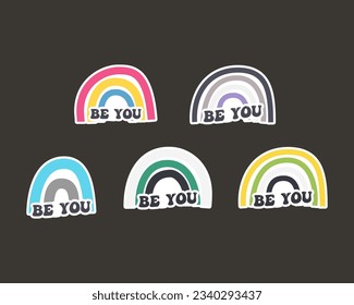 LGBTQ Pride Rainbow Flags Collection with quotes Be You. Different LGBTQ Community Designs. Stock Vector sexual identity pride flags set