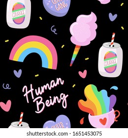 LGBTQ pride seamless pattern. Beautiful hand drawn equality symbols and lettering. Pride Month vector illustration. Perfect for textile, wrapping paper, fabric design. 