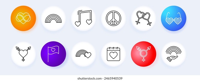 LGBTQ pride set icon. Infinity heart, rainbow, musical note with hearts, peace symbol, interlocked hearts, heart flag, calendar with heart, transgender symbol, rainbow in hand. LGBTQ pride and love