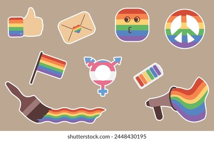 LGBTQ pride sticker pack. LGBT community rainbow elements set. Symbol of the LGBT pride community. Vector illustration hand drawn.