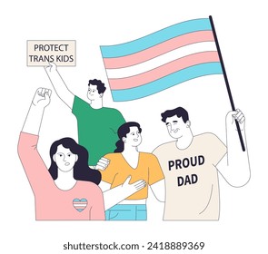 LGBTQ Pride. Supportive family and friends unit at a pride event, protesting for transgender rights with signs and flags. Flat vector illustration