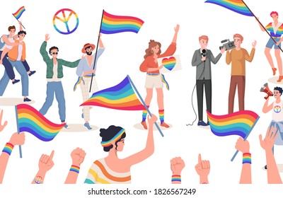 LGBTQ pride vector flat illustration. Men and women with colorful rainbow flags. Male and female activists holding LGBT flags, supporting lesbian, gay, bisexual, transgender, and queer people.
