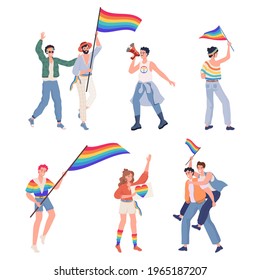 LGBTQ pride vector flat illustration. Men and women in rainbow clothes with LGBT flag. Lesbian, gay, bisexual, transgender male and female characters. Human rights and tolerance concept.