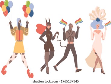 LGBTQ pride vector flat illustration. Queer men and women in colorful and leather clothes with LGBT flags and balloons. Lesbian, gay, bisexual, transgender characters. Human rights and tolerance.