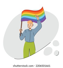 LGBTQ Stolz Vektorgrafik flach. Männer mit bunter Regenbogenflagge. Männliche Aktivisten, die LGBT-Flaggen halten, lesbische, schwule, bisexuelle, transgender und queere Menschen unterstützen.