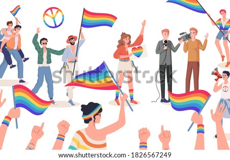 LGBTQ pride vector flat illustration. Men and women with colorful rainbow flags. Male and female activists holding LGBT flags, supporting lesbian, gay, bisexual, transgender, and queer people.