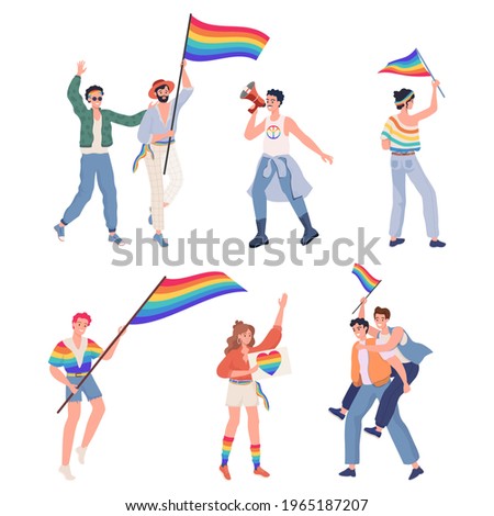 LGBTQ pride vector flat illustration. Men and women in rainbow clothes with LGBT flag. Lesbian, gay, bisexual, transgender male and female characters. Human rights and tolerance concept.