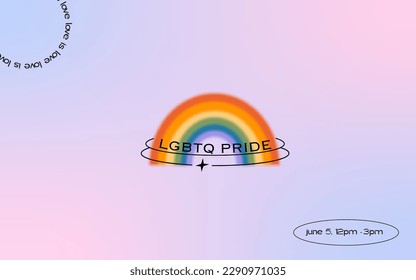 LGBTQ pride web banner design. Gradient mesh background with gay rainbow flag colored heart. Queer celebration poster template in retro minimalist y2k trendy style. Vector illustration.
