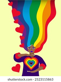 LGBTQ+ Pride Woman with Rainbow Hair and Heart of Love