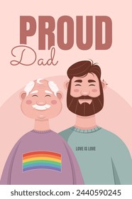 LGBTQ Proud Dad. Vector illustration with father and son. Pride month card.