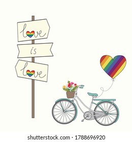 LGBTQ quote bicycle carry flowers.EPS10.illustration.