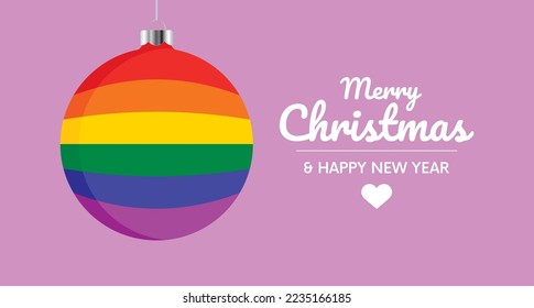 LGBTQ rainbow christmas ball banner icon vector. Merry Christmas and Happy New Year greeting card with LGBTQ rainbow christmas bauble on a purple background graphic design element