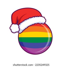 LGBTQ rainbow christmas ball with santa hat icon vector. LGBTQ pride flag christmas bauble with santa hat isolated on a white background graphic design element