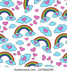 Arcoiris LGBTQ+ con nubes y corazones. Patrón plano aislado en fondo blanco