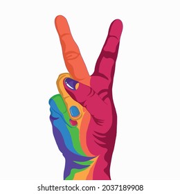 La mano de la victoria color arcoiris de LGBTQ+ levantó la ilustración del vector aislado en fondo blanco. Orgullo gay, concepto LGBTQ+, aceptación LGBTQ+, listo para ser tú mismo. Pegatina, estampado de camisetas, diseño de logotipo.