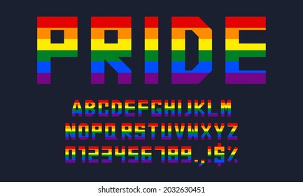 LGBTQ+ rainbow colors pride font design. alphabet letters, numbers, and signs vector illustration. Suitable for web, printing usage, etc.