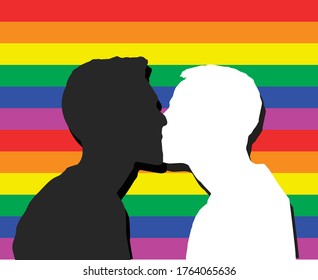 LGBTQ-Hintergrund mit Regenbogenflagge und zwei fröhlich geküsste Männer auf Vordergrund