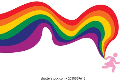 Lgbtq rainbow flag freedom family, gay, bisexual and lesbian community, pride pattern on white background, colorful cover design vector illustration. Woman running with flag