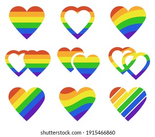 Lgbtq rainbow hearts. Pride month lgbtq parade heart shape flags, transgender, gay and lesbian community vector illustration set. Pride Lgbt pride heart flag rainbow, love community freedom