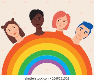 Lgbtq rainbow with people. Flat vector stock illustration. Homosexual people, rainbow colors. LGBTQ community concept, pride, homosexual rainbow. Illustration with LGBTQ group