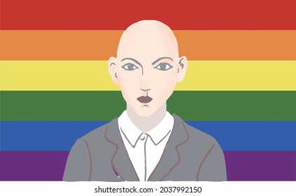 El arcoiris LGBTQ representa el derecho de los diferentes sexos y la identidad de género. Una persona calva de aspecto femenino con un traje gris formal que implica la aceptación de la sociedad en general en el ambiente laboral moderno.