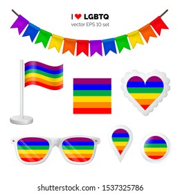 LGBTQ rainbow symbols attributes. Heart, flags, glasses, buttons and garlands with gay rainbow colors. Vector illustration for your graphic design.