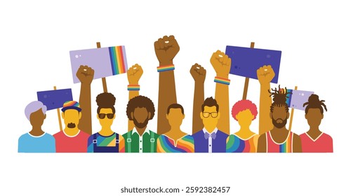 LGBTQ rights or, protest against transphobia, homophobia and biphobia concept featuring people, with raised fists and placards in the background