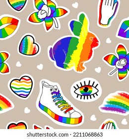 LGBTQ seamless pattern. Colorful design elements and symbols. Hand drawn illustration for pride month. Flowers, rabbit, eyes, sneakers, hearts