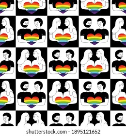 LGBTQ seamless pattern with men and women holding hearts. Pride Parade background. Doodle vector illustration 