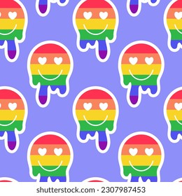 LGBTQ seamless pattern with rainbow liquid smile on violet background in flat vector style. LGBT pride community month