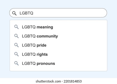 LGBTQ search results. LGBT topic online search autocomplete suggestions.