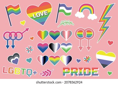 LGBTQ set of icons retro style design. Stickers LGBT, asexual, non-binary, transgender, genderfluid, pansexual, bisexual, genderqueer, polysexual