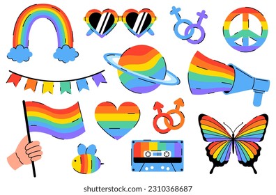 LGBTQ set isolated on white background. Rainbow elements. Symbol of the LGBT pride community. 