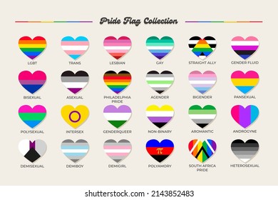 LGBTQ+ Sexual Identity Pride Flags Collection. Flag Of Gay, Transgender, Bisexual, Lesbian Etc. Pride Concept. Rainbow Heart