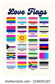 LGBTQ+ Sexual Identity Pride Flags Collection. Flag Of Gay, Transgender, Bisexual, Lesbian Etc. Pride Concept