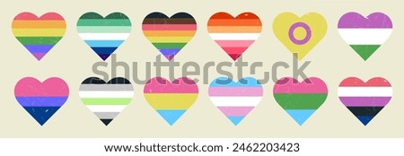 LGBTQ sexual indentity pride flags collection. LGBT community Heart shape with Grunge Texture. Non-binary, Bisexual, Pansexual, lesbian, trans, gender signs. Vector illustration