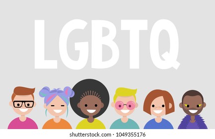 LGBTQ sign. Portraits of young people. LGBT community. Rainbow. Flat editable vector illustration, clip art