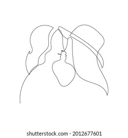 Lgbtq silhouette. Contour drawing of lgbt couple, couple kissing women. Girls together. Hand drawn one continuous line. 