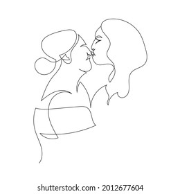Lgbtq silhouette. Contour drawing of lgbt couple, couple kissing women. Girls together. Hand drawn one continuous line. 