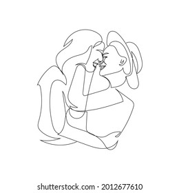 Lgbtq silhouette. Contour drawing of lgbt couple, couple kissing women. Girls together. Hand drawn one continuous line. 